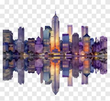 Watercolor City Skyline Reflection PNG