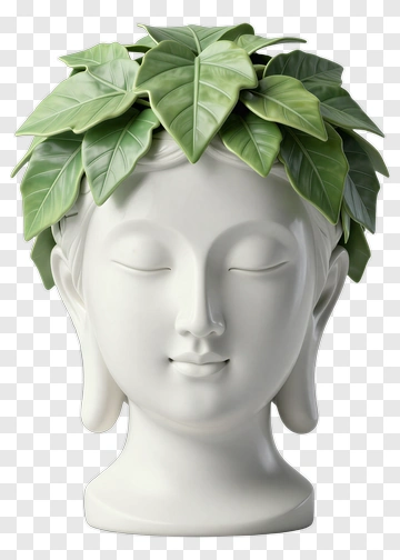 Decorative Head Planter With Green Leaves PNG