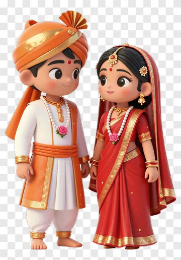 Cartoon Indian Couple In Traditional Attire PNG