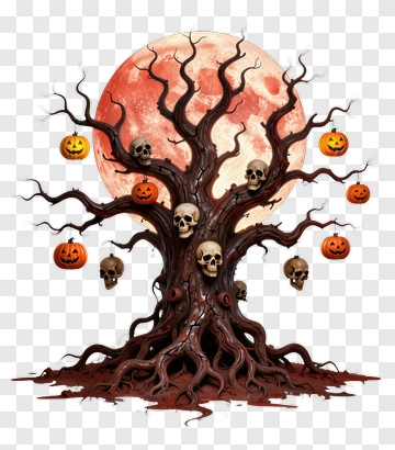 Halloween Tree With Skulls And Pumpkins PNG