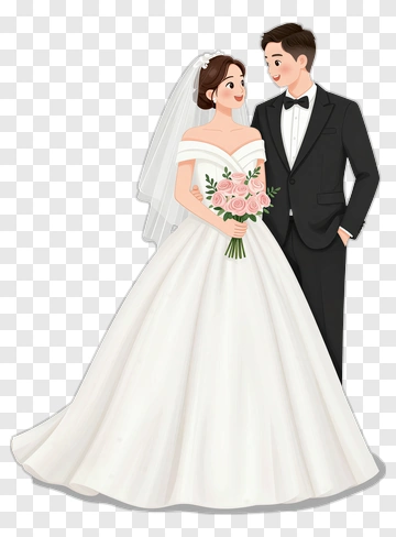 Cartoon Wedding Couple Holding A Bouquet PNG