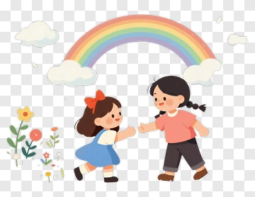 Cartoon Children Holding Hands Under A Rainbow PNG
