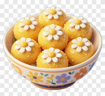 Colorful Bowl Of Yellow Sweets With Flowers PNG