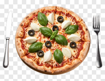 Pizza With Basil And Olives PNG