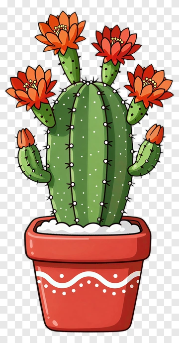 Colorful Cactus In A Pot With Flowers PNG