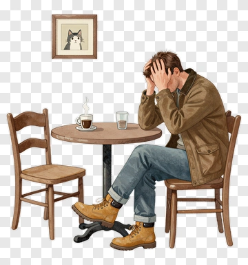 Man Sitting At Table With Head In Hands PNG