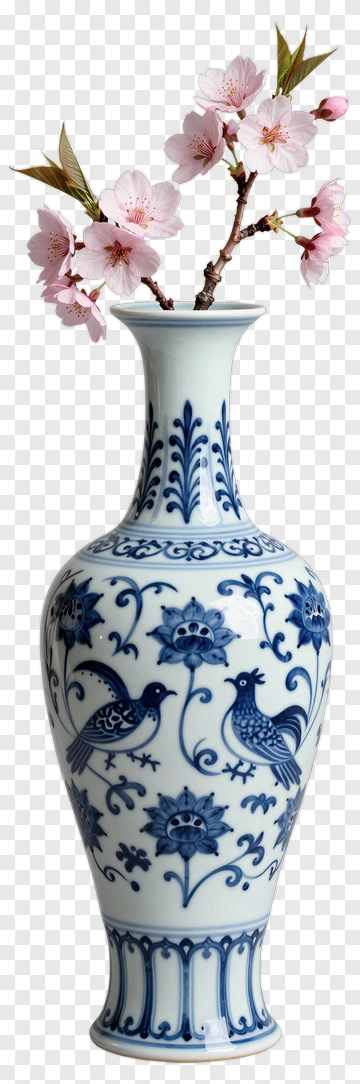 Ceramic Vase With Cherry Blossom Branches PNG