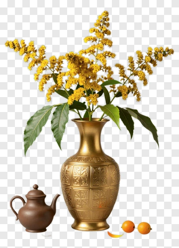 Golden Vase With Yellow Flowers And Teapot PNG
