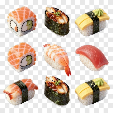 Variety Of Sushi Rolls And Nigiri PNG