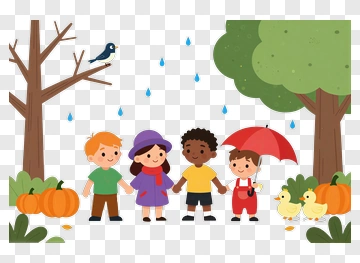 Happy Children Holding Hands In A Colorful Autumn Scene PNG