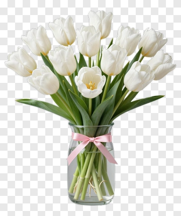 White Tulip Bouquet In A Glass Vase PNG