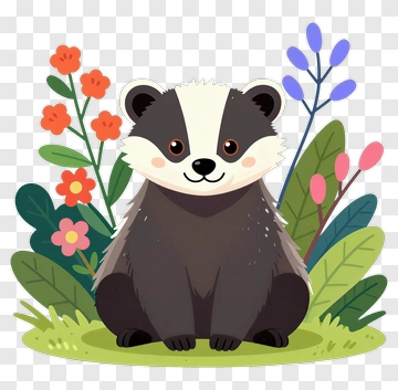 Cartoon Badger Sitting Among Colorful Flowers PNG
