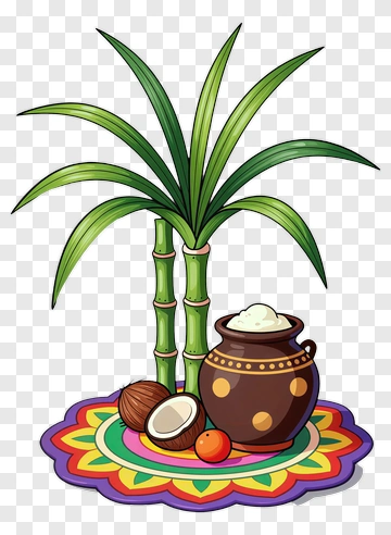 Decorative Coconut Pot With Sugarcane And Colorful Base PNG