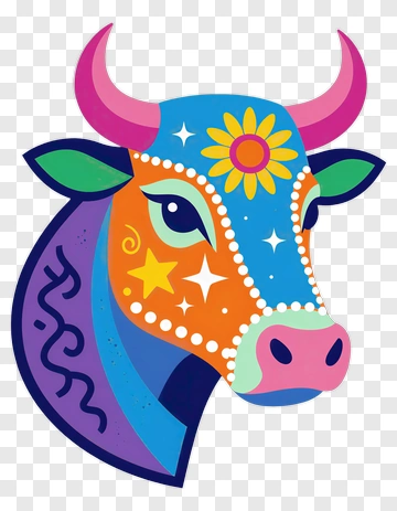Colorful Cow Head With Decorative Elements PNG