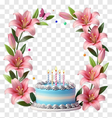 Birthday Cake Surrounded By Pink Lilies PNG