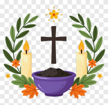 Cross With Ashes And Candles Surrounded By Floral Wreath PNG