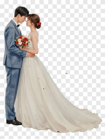 Wedding Couple Embracing With Bouquet PNG