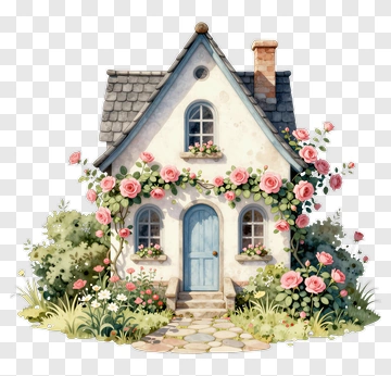 Charming Cottage Surrounded By Roses PNG