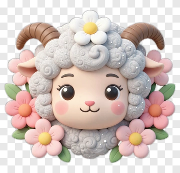 Cute Cartoon Sheep Surrounded By Flowers PNG