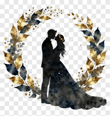 Silhouette Couple Embracing With Gold And Blue Floral Wreath PNG