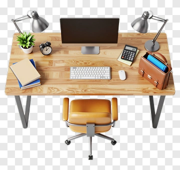 Wooden Desk With Computer And Office Supplies PNG