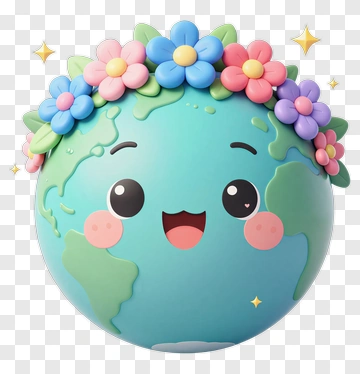 Cute Earth Character With Flower Crown PNG