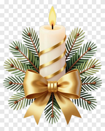 Christmas Candle With Pine And Gold Ribbon PNG
