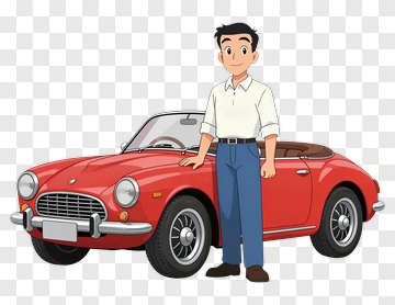 Cartoon Man Standing Next To A Red Sports Car PNG
