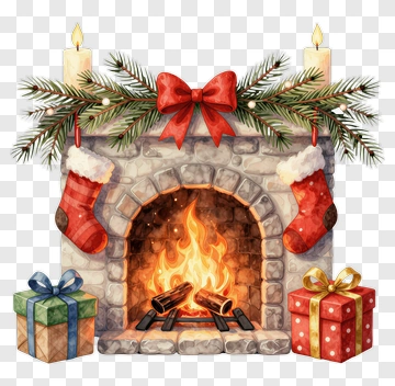 Christmas Fireplace With Stockings And Presents PNG