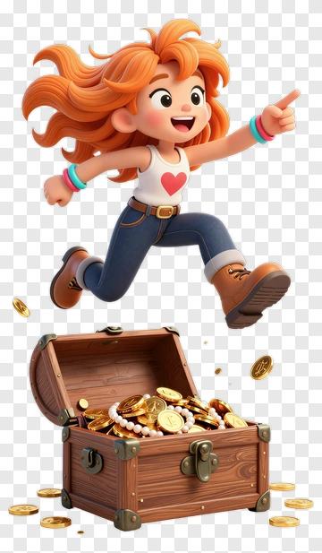 Cartoon Girl Jumping With Treasure Chest PNG