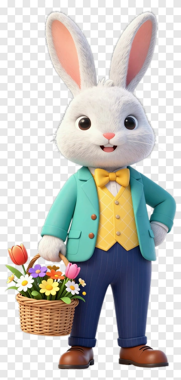 Cartoon Rabbit Holding A Flower Basket PNG