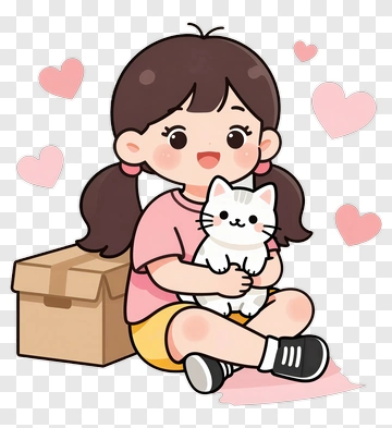 Cartoon Girl Holding A Cat With Hearts PNG