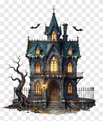 Haunted House With Bats And A Creepy Tree PNG