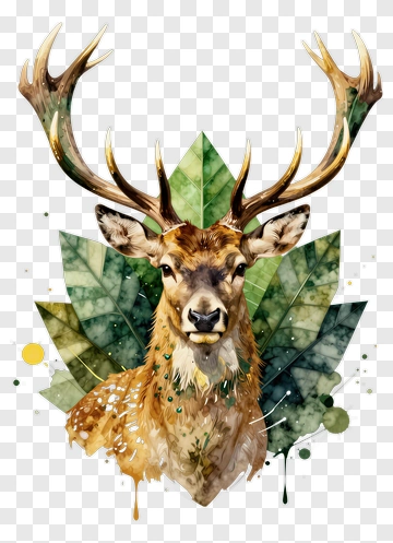 Watercolor Deer Head With Leaves PNG