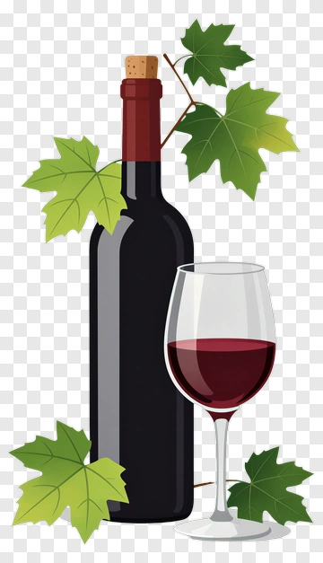 Red Wine Bottle And Glass With Grapevine Leaves PNG