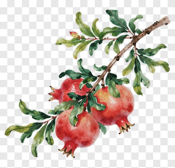 Watercolor Pomegranate Branch With Leaves PNG