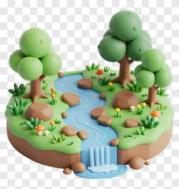 3D Nature Scene With Trees And A Stream PNG
