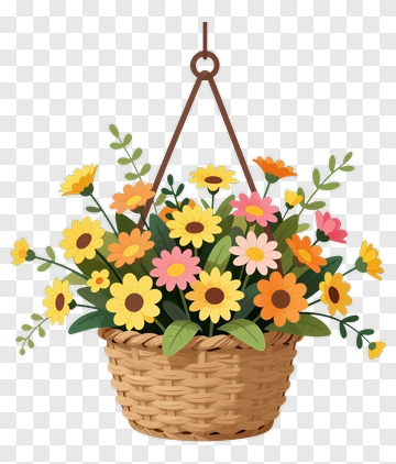 Flower Basket With Colorful Blooms PNG