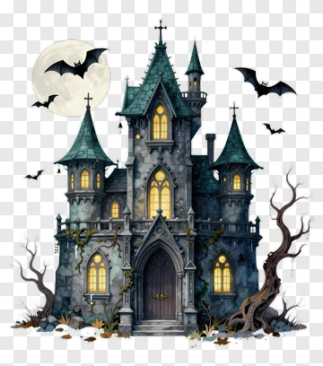 Haunted Castle With Bats And Full Moon PNG
