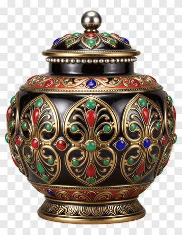 Decorative Ornate Jar With Colorful Gemstones PNG