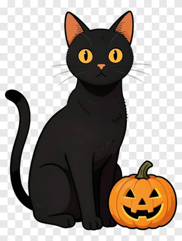 Cartoon Black Cat Sitting Next To A Halloween Pumpkin PNG