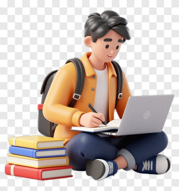3D Student Using Laptop While Writing PNG