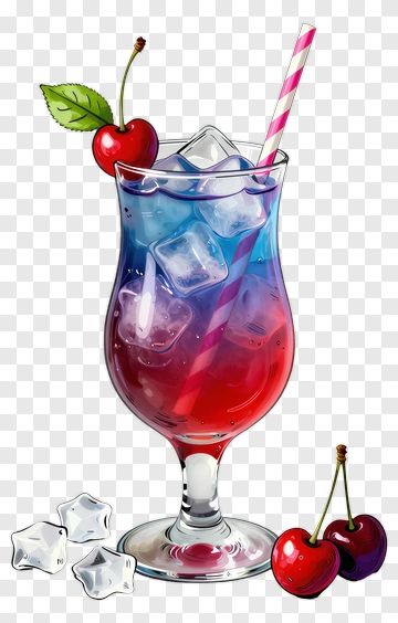 Colorful Drink With Cherries And Ice Cubes PNG