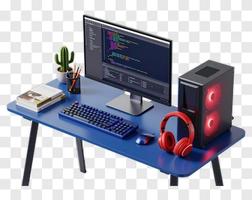 Modern Computer Desk Setup With Monitor And Accessories PNG