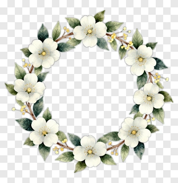 Floral Wreath With White Flowers And Green Leaves PNG