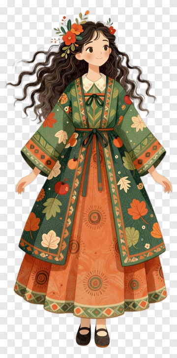Woman In Floral Dress With Autumn Leaves PNG