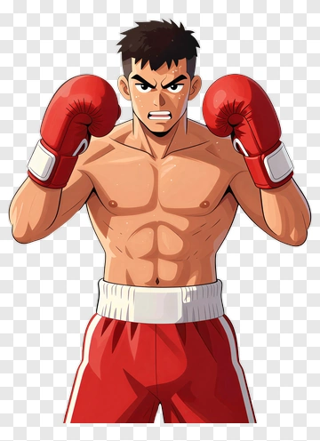 Cartoon Boxer Posing In Red Gloves PNG