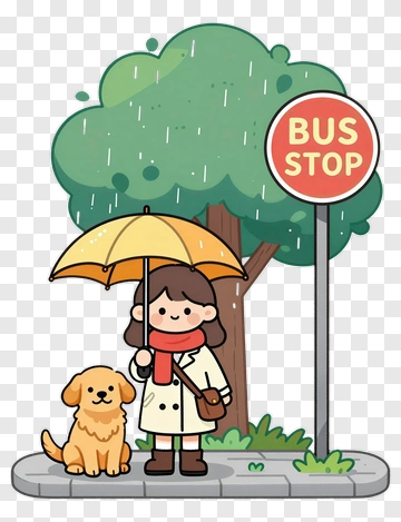 Girl With Umbrella And Dog At Bus Stop PNG