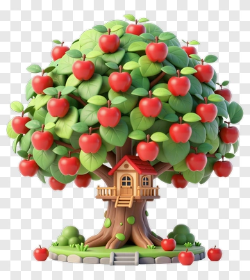 Colorful Tree With A Treehouse And Red Apples PNG