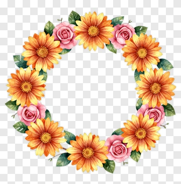 Floral Wreath With Orange Daisies And Pink Roses PNG
